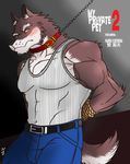  abs anthro belt biceps big_muscles black_nose blush bound brown_fur bulge canine chain clothing collar frown fur gay hentist hideo_katashi hideo_katashi_(character) jeans leash looking_at_viewer male mammal muscles pants pecs pose robe shirt solo standing tank_top toned vein white_fur wolf 