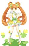  blonde_hair boots brown_eyes brown_hair choker clover clover_hair_ornament cure_rosetta dokidoki!_precure double_bun earrings flower four-leaf_clover four-leaf_clover_hair_ornament green_choker hair_flower hair_ornament highres hoxi jewelry knee_boots long_hair magical_girl precure ribbon rose skirt smile solo twintails wrist_cuffs yotsuba_alice 