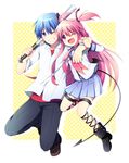  1girl ;d angel_beats! baseball baseball_bat blue_eyes blue_hair couple fang grin hinata_(angel_beats!) long_hair one_eye_closed open_mouth pink_eyes pink_hair school_uniform serafuku shinda_sekai_sensen_uniform short_hair smile soranagi two_side_up yui_(angel_beats!) 