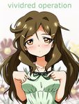  blush brown_hair copyright_name hair_ornament hairclip jewelry long_hair necklace ribbon shinomiya_himawari solo tokiani vividred_operation yellow_eyes 