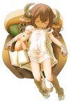  absurdres animal_ears book bookmark brown_hair chair child closed_eyes dress feral_lemma full_body highres hooves horns jewelry long_hair monster_girl original pillow sitting sleeping solo stuffed_animal stuffed_pig stuffed_toy tail 