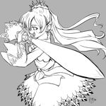  black-yuzunyan dress earrings greyscale holding holding_sword holding_weapon jewelry left-handed long_hair monochrome myrtenaster outline rwby scar side_ponytail solo sword weapon weiss_schnee 