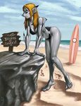  beach bikini blonde_hair breasts claws clenched_teeth clothed clothing day daytime eyes_closed female fish footprint footprints geckzgo gray_body grey_body hair human_feet long_hair marine outside plantigrade rock sand sea seaside shark sign skimpy sky solo standing surfboard swimsuit teeth thighs tight_clothing transformation water 