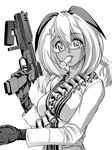  airsoft auto-9 bandolier beretta_93r between_breasts breasts dark_skin glasses gloves greyscale gun hair_ornament hair_ribbon hairclip handgun large_breasts long_hair machine_pistol monochrome mouth_hold original ribbon robocop semi-rimless_eyewear solo strap_cleavage twintails under-rim_eyewear weapon yitsuse_masami 