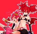  bad_id bad_pixiv_id bat_wings belt choker demon_girl demon_tail disgaea earrings etna fangs flat_chest hanako_(disgaea) heart jewelry kaikun looking_at_viewer makai_senki_disgaea_2 mouth_hold multiple_girls navel one_eye_closed open_mouth pink_eyes pink_hair pink_shorts pointy_ears red_background red_eyes red_hair red_wings short_hair shorts skull tail twintails wings 