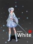  bad_id bad_pixiv_id blue_eyes boots copyright_name dress earrings highres jewelry left-handed long_hair myrtenaster necklace rapier rwby shui_qian_he_kafei solo sword very_long_hair weapon weiss_schnee 