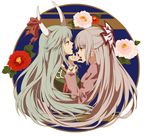  blue_background bow breasts dress ex-keine eyelashes fingernails flower fujiwara_no_mokou green_hair grey_hair hair_bow hand_in_hair highres hiru0130 horn_ribbon horns kamishirasawa_keine long_hair long_sleeves medium_breasts multiple_girls open_hand open_mouth peony_(flower) profile red_eyes ribbon striped striped_background touhou 