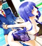  1girl aoki_reika arm_grab arm_held_back bad_id bad_pixiv_id blazer blue_hair breasts brown_hair closed_eyes competition_school_swimsuit cum cum_on_body cum_on_clothes cum_on_lower_body dutch_angle ejaculation eyebrows_visible_through_hair hetero highres hime_cut jacket long_hair medium_breasts mizusaki_(tengoku) necktie nipples one-piece_swimsuit open_mouth pants_pull penis perky_breasts precure school_swimsuit smile_precure! swimsuit swimsuit_aside swimsuit_pull wrist_grab 