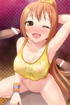  armpits bar_censor bare_shoulders blush bottomless breasts brown_eyes brown_hair censored cleavage clothes_writing collarbone gangbang girl_on_top group_sex hair_ornament hetero idolmaster idolmaster_cinderella_girls long_hair medium_breasts multiple_penises navel nipples one_eye_closed open_mouth penis ponytail see-through sex smile solo_focus star straddling sweat totokichi wakabayashi_tomoka wristband 