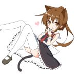  1girl animal_ears ass bangs bare_shoulders black_dress blush brown_eyes brown_footwear brown_hair cat_ears cat_girl cat_tail chestnut_mouth commentary_request dress eyebrows_visible_through_hair frilled_dress frills fumizuki_(kantai_collection) hair_between_eyes heart high_ponytail highres ichi kantai_collection kemonomimi_mode knees_up looking_at_viewer lying necktie on_back parted_lips ponytail red_neckwear sailor_collar sailor_dress shoes sidelocks simple_background sleeveless sleeveless_dress solo tail thighhighs white_background white_legwear white_sailor_collar 