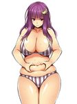  bare_shoulders breasts cleavage crescent crescent_hair_ornament hair_ornament hairclip large_breasts long_hair love_handles mikemono_yuu navel patchouli_knowledge plump purple_eyes purple_hair simple_background solo striped sweat thick_thighs thighs touhou vertical_stripes weight_conscious white_background 