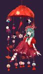  bad_id bad_pixiv_id bow chili_pepper doll dress frills front_ponytail full_body green_eyes green_hair hair_bow hair_ribbon highres kagiyama_hina open_mouth pepper pillow renka913 ribbon shoes simple_background solo touhou umbrella wrist_ribbon 