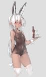  blush bottle breasts clothed clothing dark_elf dark_skin dio_uryyy elf fake_ears fake_rabbit_ears female hair humanoid legwear long_hair not_furry one-piece_swimsuit pointy_ears red_eyes simple_background small_breasts solo swimsuit thigh_highs tight_clothing white_hair wrist_cuff 