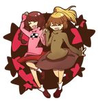  :d ^_^ blonde_hair braid brown_hair closed_eyes happy holding_hands madotsuki multiple_girls open_mouth pink_shirt poniko ponytail regurusu_(nagarevosi) shirt skirt smile star turtleneck twin_braids yume_nikki 