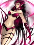  bare_shoulders bikini breasts collar elbow_gloves evelynn gloves highres kumiko_shiba large_breasts league_of_legends long_hair navel pink_eyes pink_hair pointy_ears slender_waist solo spiked_collar spikes swimsuit thigh_strap very_long_hair 