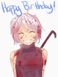  1girl blood closed_eyes crowbar grin happy_birthday magister_(medical_whiskey) sabitsuki short_hair sleeveless sleeveless_turtleneck smile solo turtleneck weapon white_hair 