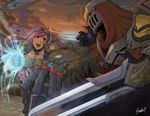  1girl belt blue_eyes collar earrings gauntlets goggles jewelry jpeg_artifacts league_of_legends leg_armor melissa_yabumoto pink_hair shoulder_pads vi_(league_of_legends) zed_(league_of_legends) 