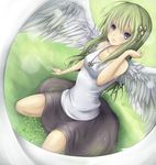  green_hair highres long_hair looking_at_viewer original shintani_tsushiya sitting solo wings 