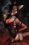  anthro breasts cervine cleavage clothed clothing e-cigarette female fur hair hecatta hybrid long_hair looking_at_viewer mammal smoking solo vaping yellow_eyes 
