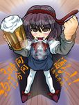  al_bhed_eyes alcohol asama_isami beer blush bow breath brown_hair emphasis_lines necktie necktie_on_head open_mouth skirt solo thighhighs uwabami_breakers zettai_ryouiki 