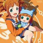  bag blue_eyes brown_hair chibi cosplay handbag idolmaster idolmaster_(classic) kouchou mirumo mirumo_(cosplay) multiple_girls open_mouth puchimasu! smile takatsuki_yayoi twintails wagamama_fairy_mirumo_de_pon! yayo 