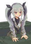  anchovy angry anzio_military_uniform arm_support bad_id bad_pixiv_id belt black_shirt brown_eyes carro_armato_p40 clenched_teeth dress_shirt drill_hair girls_und_panzer grey_jacket ground_vehicle hair_ribbon jacket leaning_forward long_hair long_sleeves military military_uniform military_vehicle motor_vehicle necktie pants ribbon riva0412 shirt shoulder_belt silver_hair solo standing tank teeth twin_drills twintails uniform 