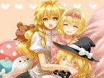  :3 alice_margatroid alternate_costume bad_id bad_pixiv_id blonde_hair character_doll closed_eyes couple frilled_pillow frills heart hug hug_from_behind kirisame_marisa long_hair m-ma multiple_girls no_hat no_headwear o_o open_mouth pajamas pillow short_hair smile stuffed_animal stuffed_toy touhou yellow_eyes yuri 