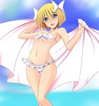  bianca's_daughter bikini blonde_hair blue_eyes breasts covered_nipples dragon_quest dragon_quest_v futami_masaki highres short_hair small_breasts solo swimsuit towel 