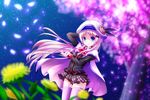  blonde_hair blue_eyes blurry bow cape cherry_blossoms depth_of_field flower hat little_busters! long_hair machikado_no_boushiya noumi_kudryavka pink_bow school_uniform thighhighs tree 