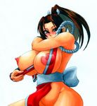  1girl areolae between_breasts breasts brown_eyes brown_hair curvy fan fatal_fury female huge_breasts japanese_clothes king_of_fighters long_hair mound_of_venus nipple_slip nipples no_panties ponytail puffy_nipples shiranui_mai simple_background solo white_background wrato 