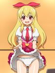  1girl aikatsu! awa blonde_hair blush bow dress hair_ribbon hoshimiya_ichigo long_hair looking_at_viewer panties petticoat red_eyes ribbon skirt skirt_lift smile solo underwear upskirt white_panties 