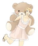  (hetalia) america america_(hetalia) axis_powers_hetalia blue_eyes blush boy dress male male_focus pink sandals stuffed_animal teddy_bear 