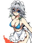  apron bikini blue_eyes bow braid breasts cleavage covered_nipples grey_hair hair_bow izayoi_sakuya large_breasts looking_at_viewer maid_headdress simple_background smile solo swimsuit tajima_yuuki touhou twin_braids waist_apron white_background 