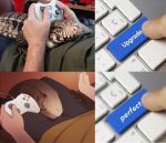  2017 4:3 ambiguous_gender amit bulge controller crotch_sniffing duo game_controller gecko head_in_crotch human lizard looking_up male mammal meme real red_eyes reptile scalie smile suggestive xbox_360_controller 