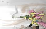  barrett belt blue_eyes boots cutie_mark equine female feral fluttershy_(mlp) friendship_is_magic fur gun hair horse knife long_hair mammal my_little_pony one_eye_closed pegasus pink_hair pony ranged_weapon scarf scope smoke sniper sniper_rifle solo speccysy weapon wings yellow_fur 