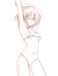  alice_margatroid armpits arms_up bikini blonde_hair blue_bikini blue_eyes blush breasts covered_nipples hairband looking_at_viewer micro_bikini navel nirap short_hair simple_background sketch small_breasts solo swimsuit touhou underboob white_background 