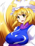  blonde_hair blush breasts fox_tail hat large_breasts looking_at_viewer multiple_tails short_hair simple_background solo tail touhou white_background yakumo_ran yellow_eyes zefyu 