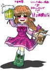  alcohol beer beerko blush boots bow cup empty_eyes foam full_body light_brown_hair looking_at_viewer mug open_mouth original saliva simple_background skirt solo 