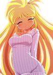  arms_behind_back blonde_hair blush closed_eyes from_below ginga_ojou-sama_densetsu_yuna kagurazaka_yuna long_hair oborogumo_takamitsu smile solo sweater unmoving_pattern white_background 