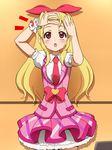  1girl aikatsu! awa blonde_hair blush bow dress hair_ribbon hoshimiya_ichigo long_hair looking_up red_eyes ribbon skirt solo 