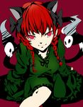  animal_ears braid cat_ears cat_tail dress extra_ears green_eyes hair_ornament kaenbyou_rin looking_at_viewer pointy_ears red_eyes red_hair slit_pupils smile solo tail touhou tsukikusa twin_braids 