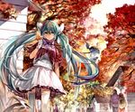  1girl biiji bow bowtie canada gloves hatsune_miku house leaf long_hair looking_at_viewer outdoors skirt smile solo thighhighs tree very_long_hair vocaloid zettai_ryouiki 