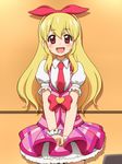  1girl aikatsu! awa blonde_hair blush bow dress hair_ribbon hoshimiya_ichigo long_hair looking_at_viewer red_eyes ribbon skirt smile solo v_arms 