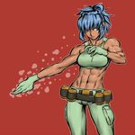  abs bare_shoulders belt blue_hair dark_skin dynamite-kit gloves hair_over_one_eye leona_heidern midriff muscle muscular_female pants ponytail red_background solo sports_bra the_king_of_fighters 
