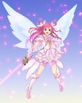  bike_shorts blue_background boots brooch cure_dream cure_fleuret dress fujimo_ruru full_body hair_rings jewelry long_hair magical_girl petals pink_eyes pink_hair pink_shorts precure shining_dream shorts shorts_under_skirt skirt smile solo white_dress wings yes!_precure_5 yumehara_nozomi 