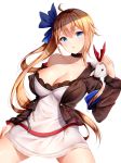  1girl ahoge animal animal_on_shoulder bangs blonde_hair blue_bow blue_eyes blush bow breasts brown_hair choker cleavage collarbone cross dress eyebrows_visible_through_hair fal_(girls_frontline) ferret girls_frontline highres jacket lace lace_choker large_breasts long_hair looking_at_viewer off_shoulder open_clothes open_jacket open_mouth ribbon side_ponytail simple_background single_thighhigh solo thighhighs very_long_hair white_background wsman 