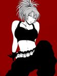  bad_id bad_pixiv_id bare_shoulders bhm breasts earrings jewelry large_breasts leona_heidern looking_at_viewer midriff monochrome navel pants parted_lips ponytail red_background sitting solo sports_bra the_king_of_fighters the_king_of_fighters_xiii 
