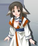  1girl animal_ears artist_request brown_eyes brown_hair dog_ears eruruw japanese_clothes long_hair looking_at_viewer nipples open_mouth solo standing utawareru_mono 