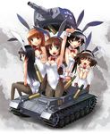  akiyama_yukari animal_ears armpits ass bare_shoulders black_hair blush bow bowtie breasts brown_eyes brown_hair bunny_ears bunny_tail bunnysuit caterpillar_tracks choker cleavage girls_und_panzer ground_vehicle isuzu_hana katahira_masashi leotard long_hair looking_at_viewer medium_breasts military military_vehicle motor_vehicle multiple_girls nishizumi_miho open_mouth pantyhose panzerkampfwagen_iv reizei_mako sazae-san side-tie_leotard sitting smile tail takebe_saori tank wrist_cuffs 