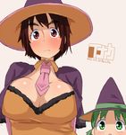  2girls :o arms_behind_back ayase_fuuka blush breasts brown_eyes brown_hair capelet cleavage date embarrassed eyebrows green_eyes green_hair halloween hat koiwai_yotsuba large_breasts looking_at_viewer multiple_girls necktie open_mouth shiny shiny_skin short_hair simple_background thick_eyebrows witch_hat yotsubato! 